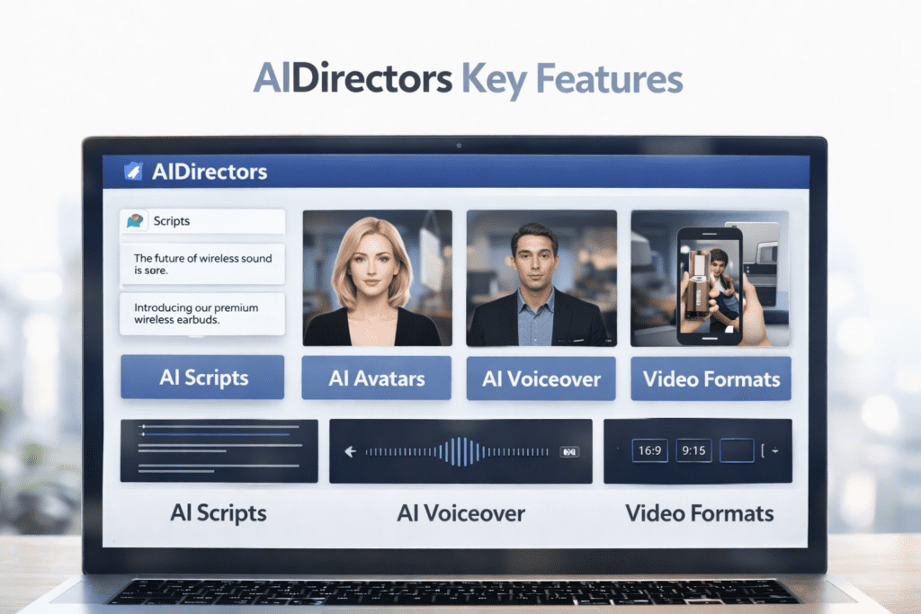AIDirectors features dashboard showing AI scripts, avatars, voiceovers, and video formats
