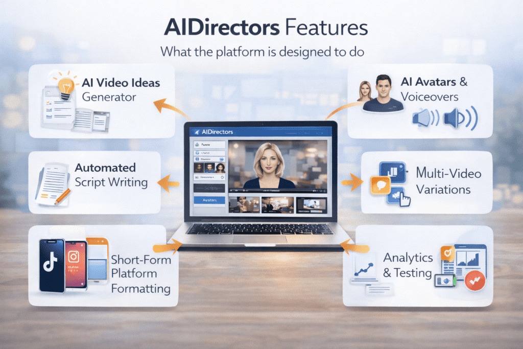 AIDirectors features overview showing AI video creation dashboard, avatars, automated scripts, and short-form video tools