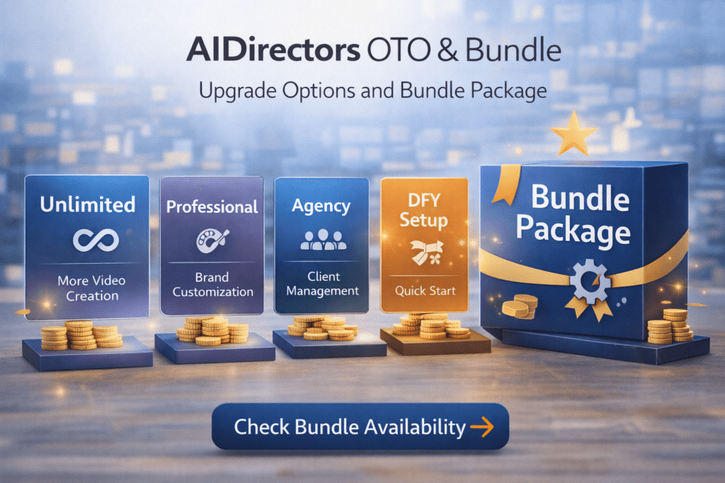 AIDirectors OTO upgrades showing Unlimited, Professional, Agency, and DFY plans with AI video business features