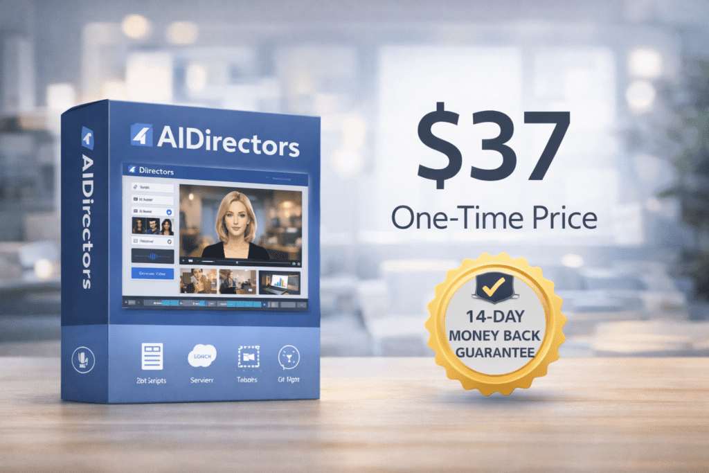 AIDirectors pricing showing $37 one-time access with 14-day money-back guarantee