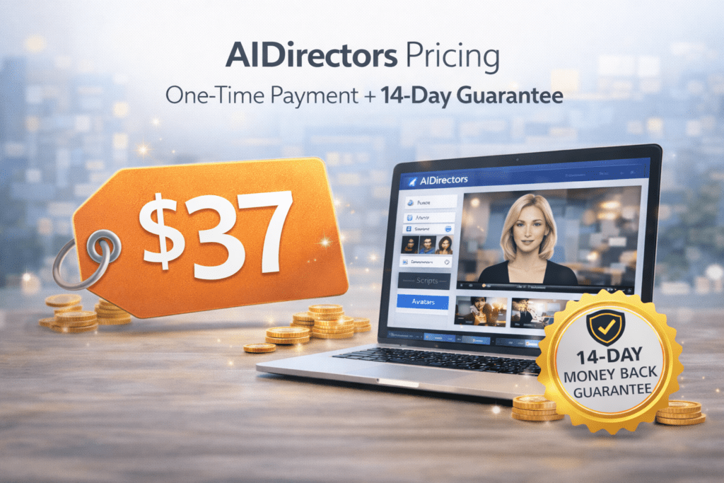 AIDirectors pricing showing $37 one-time access with 14-day money-back guarantee and AI video platform overview