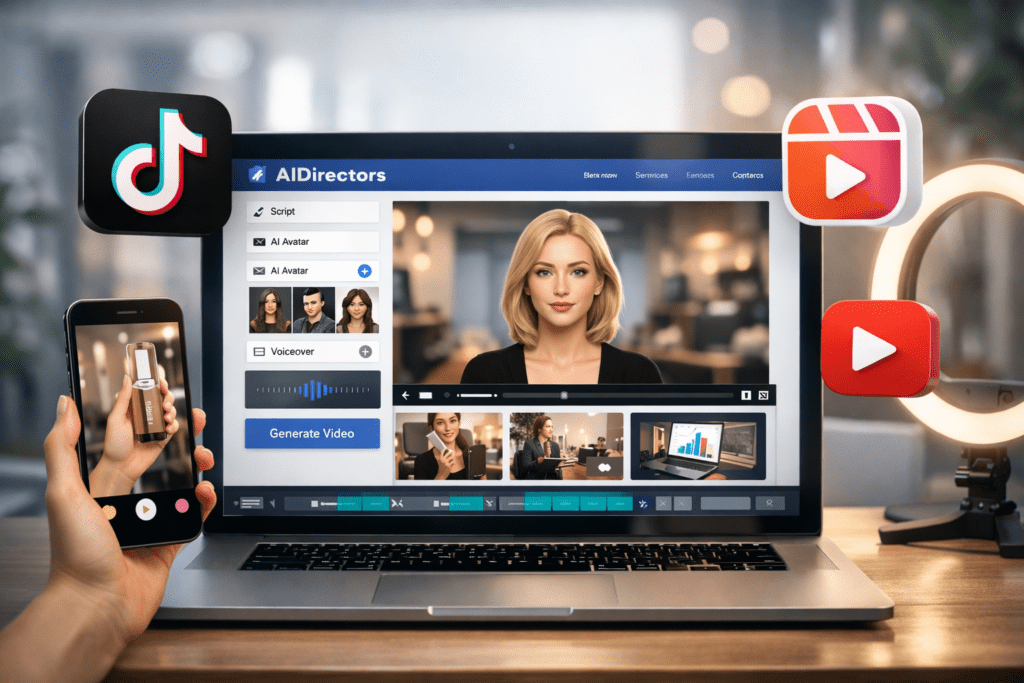 AIDirectors review showing AI video dashboard and UGC-style short-form video creation