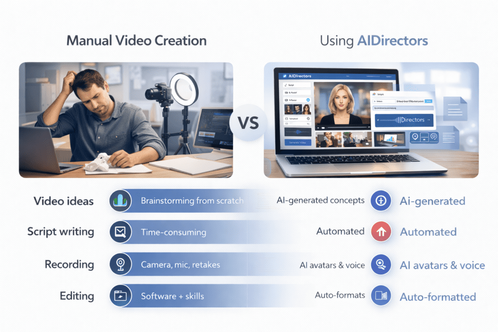 Comparison between manual video creation and automated AI video creation using AIDirectors