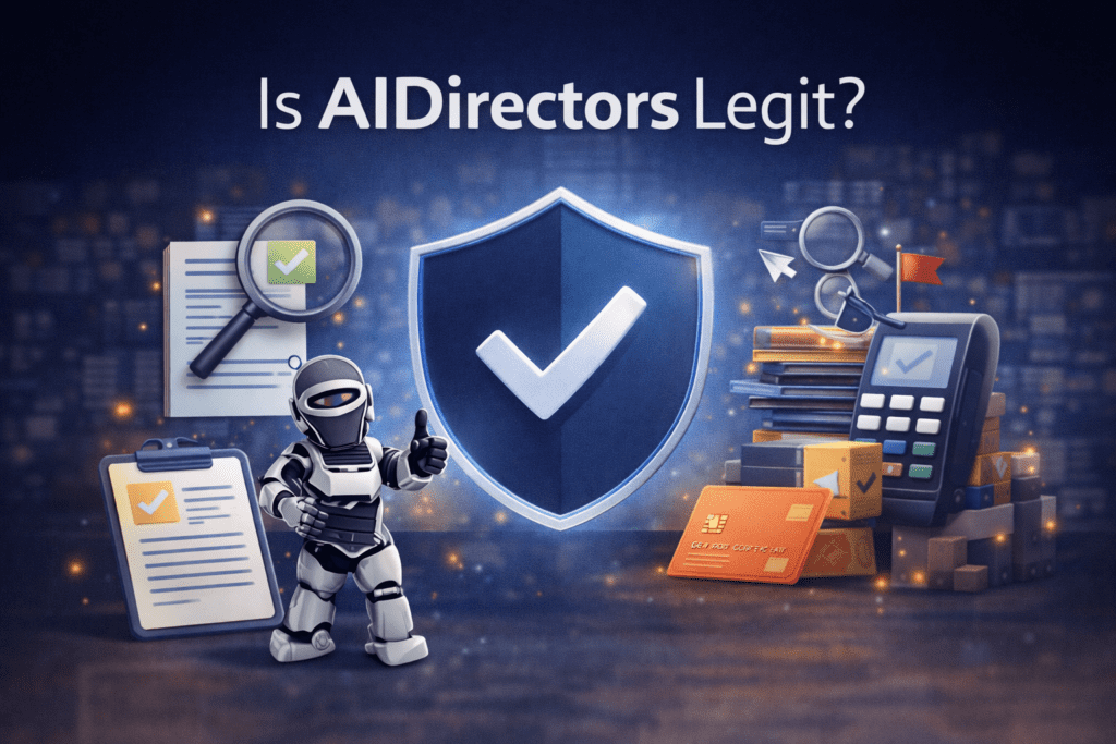 Is AIDirectors legit illustration showing AI video platform dashboard with trust and transparency indicators